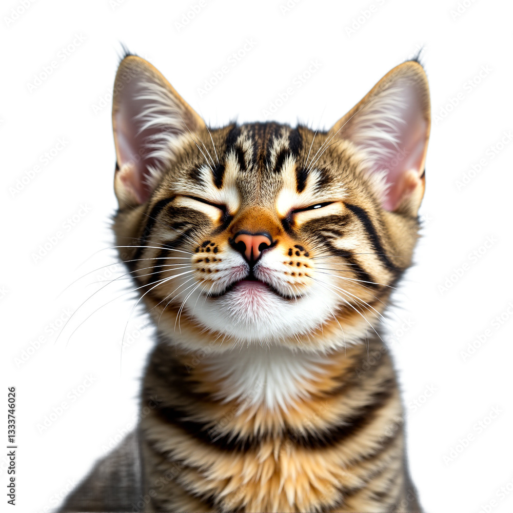 Blissful tabby kitten portrait, eyes closed in serene contentment. Detailed fur texture, soft light, isolated on transparent background. Ideal for pet designs, heartwarming greetings, Blissful tabby kitten portrait, eyes closed in serene contentment. Detailed fur texture, soft light, isolated on transparent background. Ideal for pet designs, heartwarming greetings,