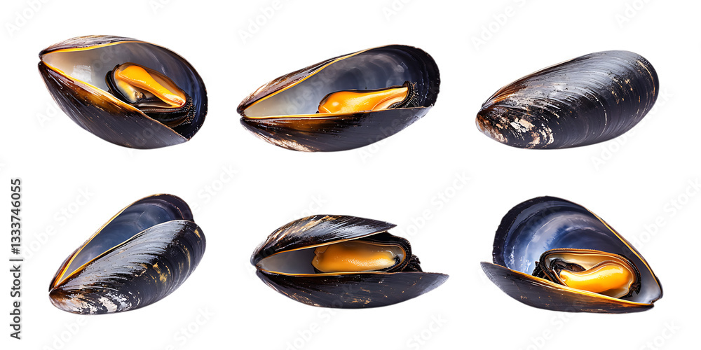Fototapeta premium Assortment of fresh raw mussels in dark shells displayed individually across a transparent background ready for cooking preparation.