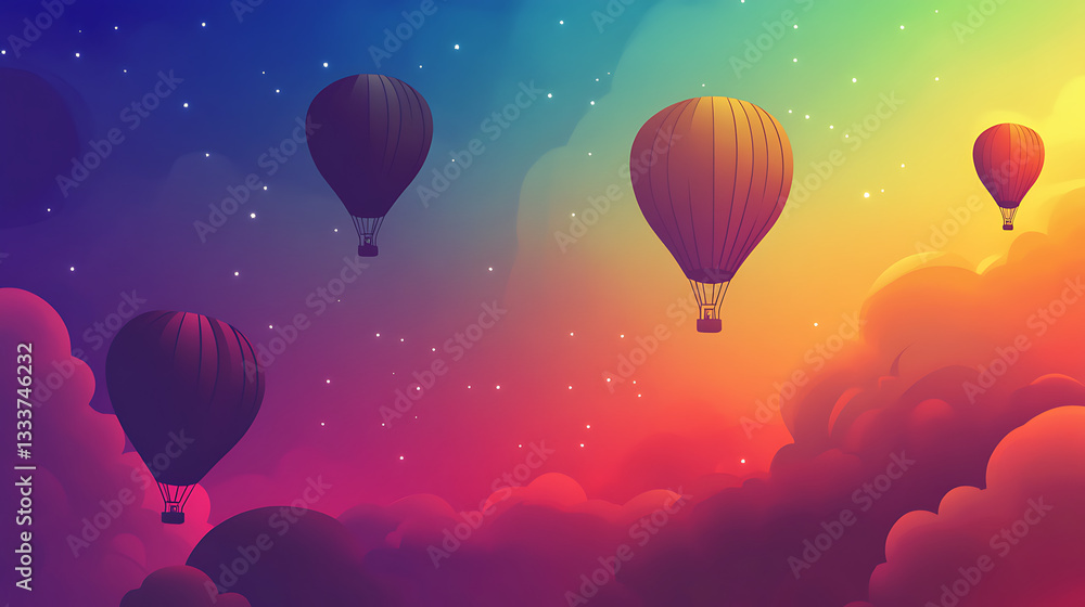 Fototapeta premium Colorful hot air balloons floating in a vibrant sunset sky, surrounded by fluffy clouds and stars