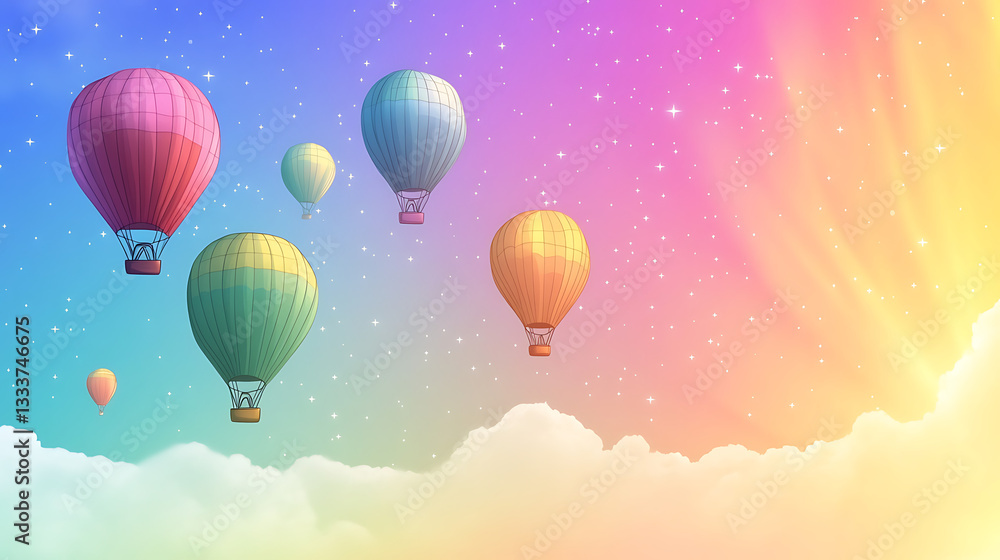 Fototapeta premium Colorful hot air balloons soaring through a pastel sky with stars and clouds during sunset