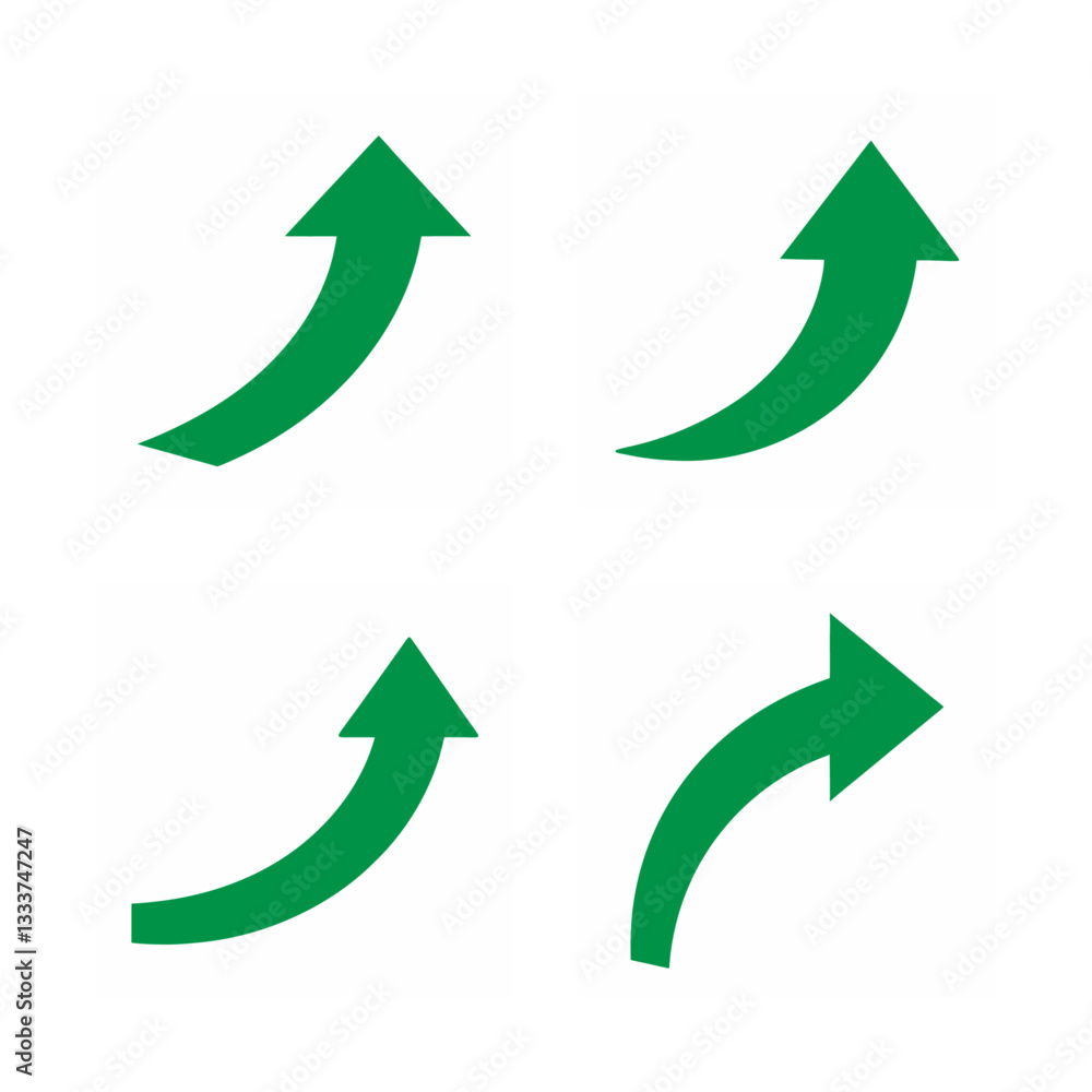 Set of smooth curved green arrows indicating growth and direction on white background. set of green arrows Set of smooth curved green arrows indicating growth and direction on white background. set of green arrows
