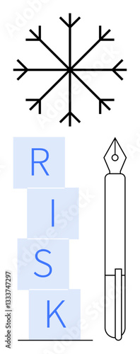 Snowflake at top, layered blue blocks spelling RISK, and a fountain pen to the right. Ideal for risk management, precision, creativity, decision-making, analysis, planning abstract line flat