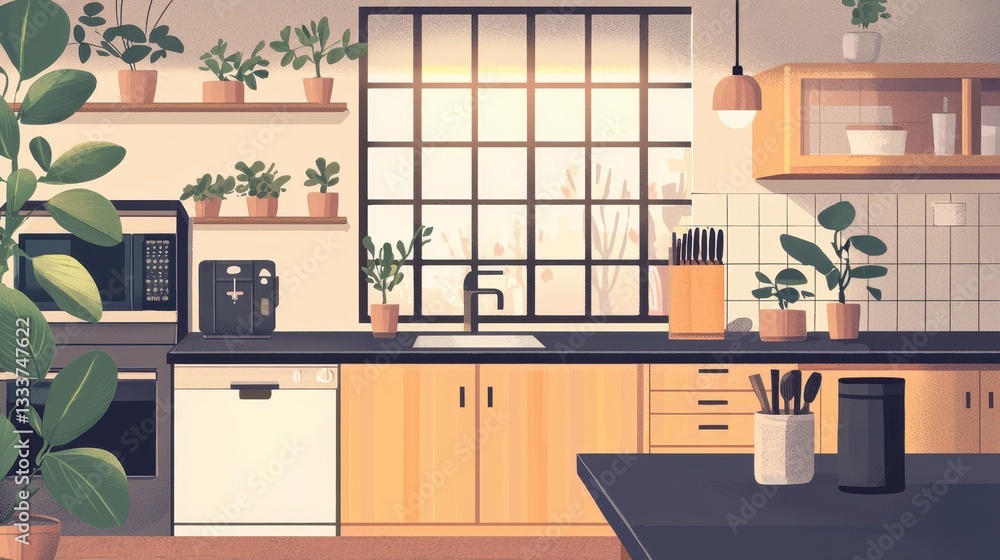 Fototapeta premium Cozy Kitchen Interior with Plants and Modern Appliances