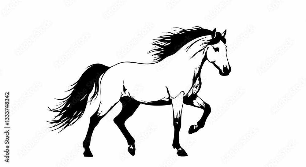 Obraz premium Illustration of a horse in motion on white background, minimalistic design, copy space