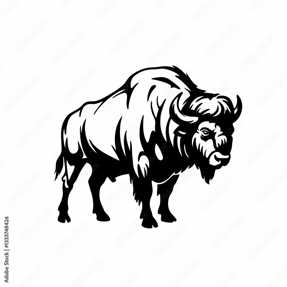 Obraz premium Illustration of a bison standing on white background, minimalistic design, copy space