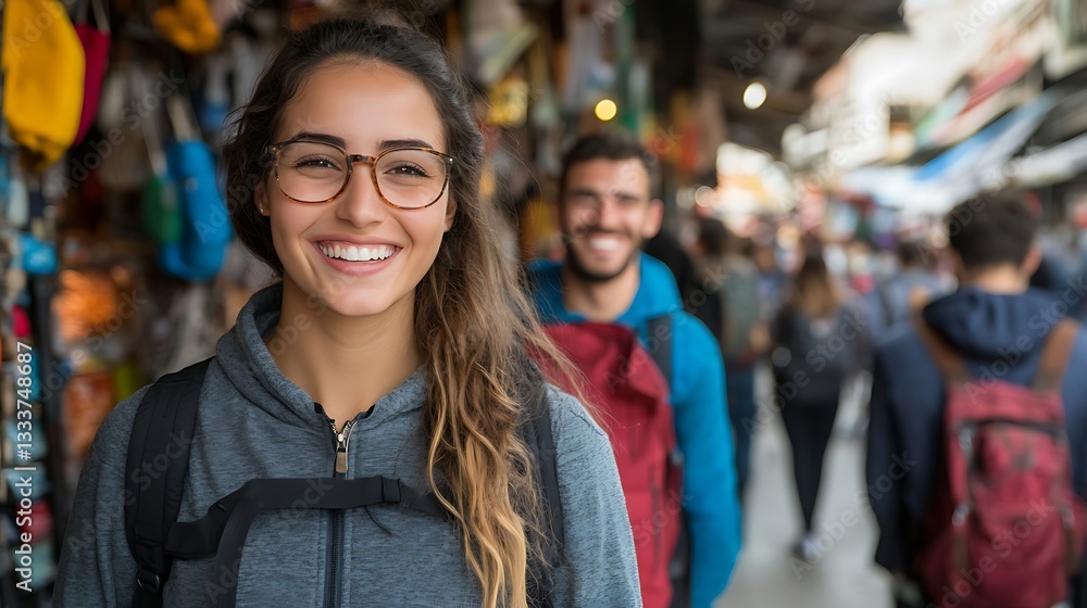 A smiling person with eyeglasses stands with other people in a covered space.