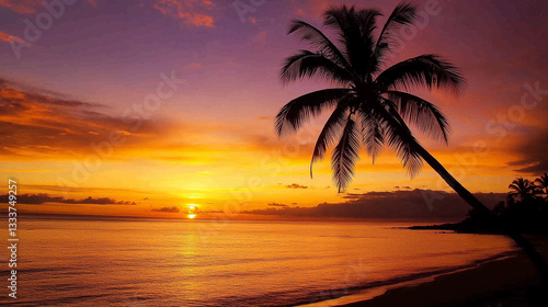 Silhouetted palm tree against a vibrant tropical sunset over calm waters