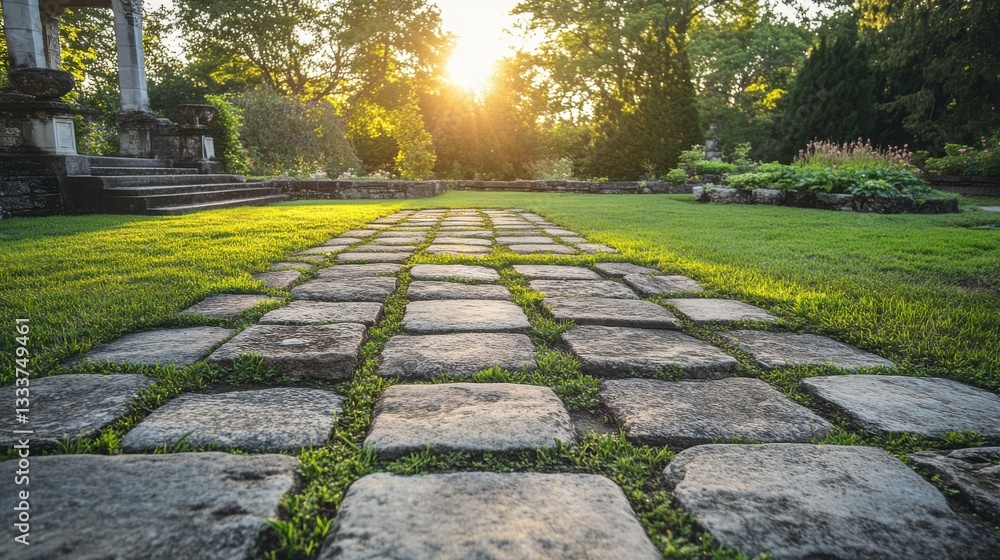 Sunlight Illuminates Pathway Through Serene Garden Landscape