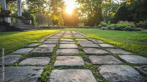 Obraz na płótnie Sunlight Illuminates Pathway Through Serene Garden Landscape w salonie