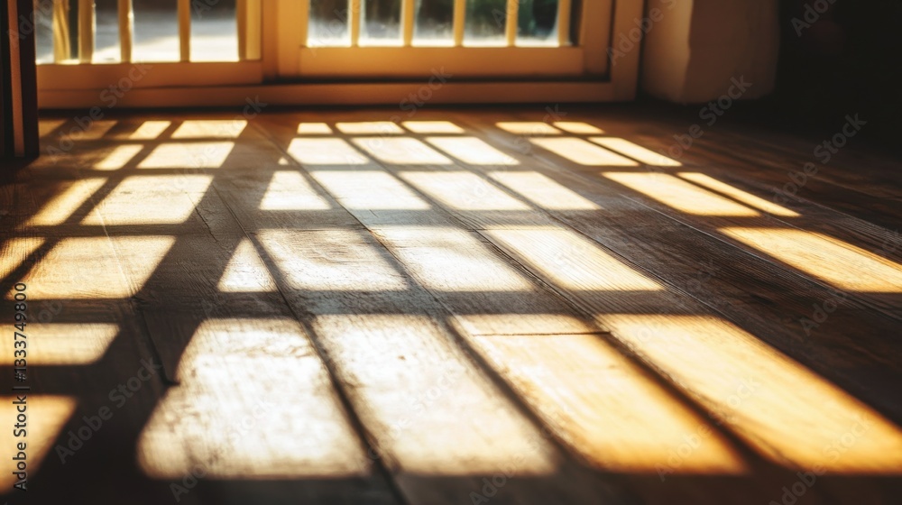 Sunlight Patterns Creating Shadows on Wooden Floor Interior