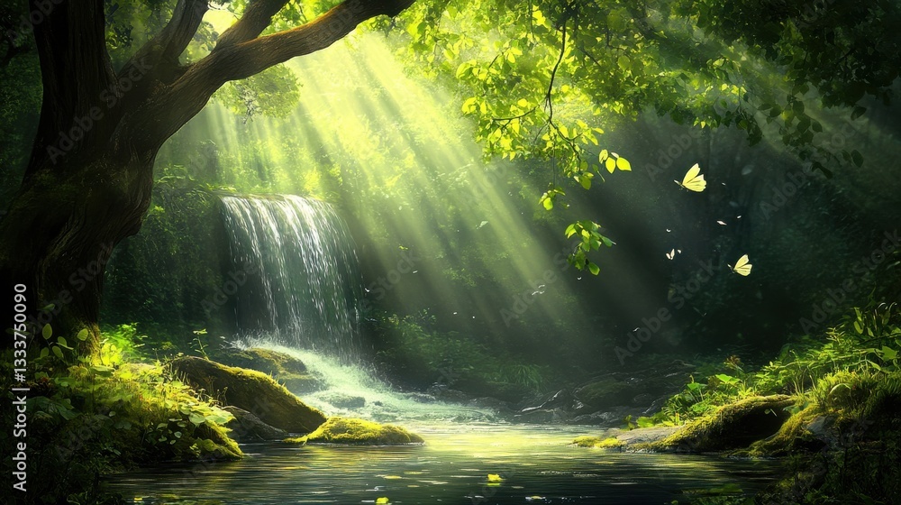 Sunlight Streaming Through Trees in a Peaceful Forest Setting