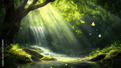 Obraz na płótnie Sunlight Streaming Through Trees in a Peaceful Forest Setting w salonie