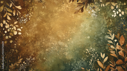 dreamy, celestial garden background with earthy tones and delicate foliage creates serene atmosphere. blend of gold and green hues adds mystical touch to scene