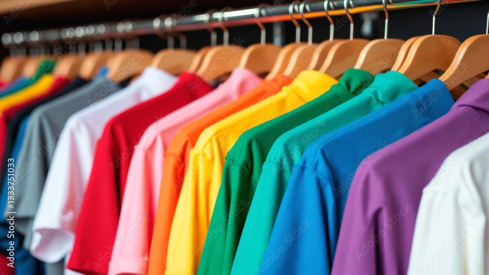 Close up of Colorful t-shirts on hangers, apparel background Close up of Colorful t-shirts on hangers, apparel background