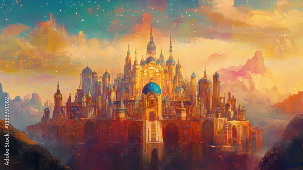 Obraz premium majestic celestial palace with golden domes and spires stands against vibrant, starry sky, surrounded by ethereal landscapes. scene evokes sense of wonder and fantasy