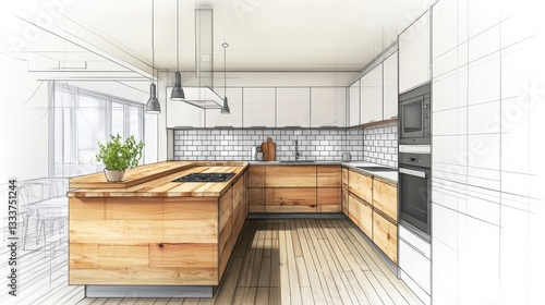Modern Kitchen Design Sketch with Wooden Accents and Open Space