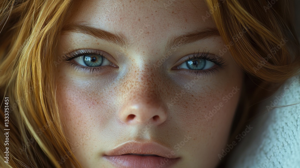 Close-up portrait of a redhead girl with freckles, light eyes, and soft focus Close-up portrait of a redhead girl with freckles, light eyes, and soft focus