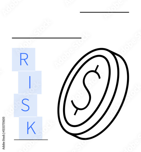 Stacked RISK blocks near a coin highlighting themes of financial risk, investment judgment, and balance. Ideal for finance, management, strategy, economics, business, education abstract line flat