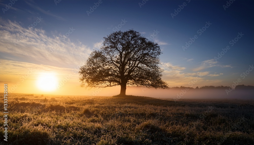 majestic solitary tree silhouetted against misty morning sky majestic solitary tree silhouetted against misty morning sky