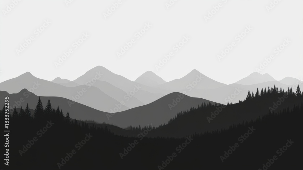 Naklejka premium Serene Monochrome Mountain Range Landscape: A Grayscale Vista of Peaks and Forests