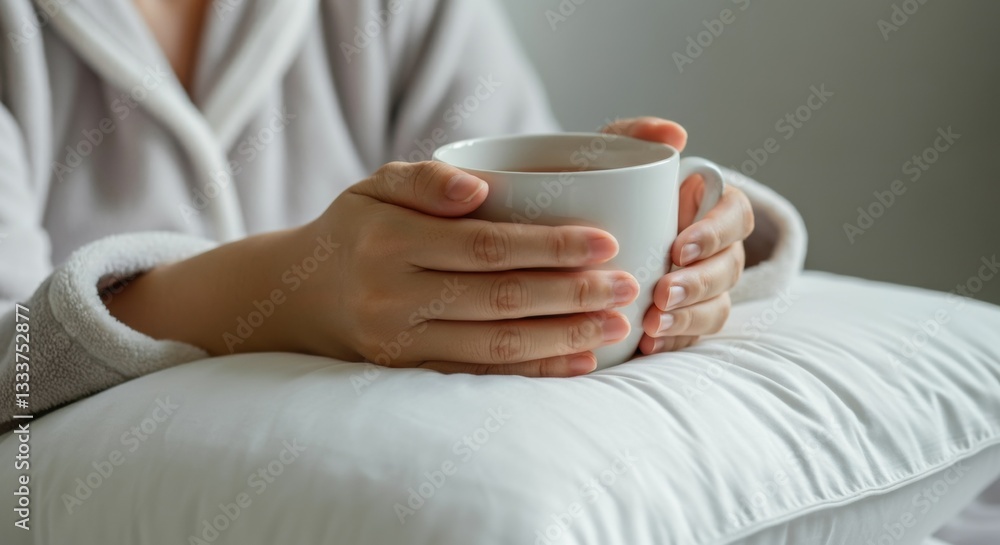 Woman holding hot drink cup with relaxation in cozy home setting Woman holding hot drink cup with relaxation in cozy home setting