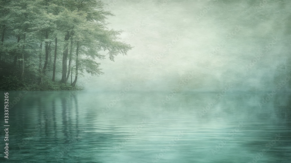 Tranquil Misty Lake Surrounded by Lush Green Forest Landscape