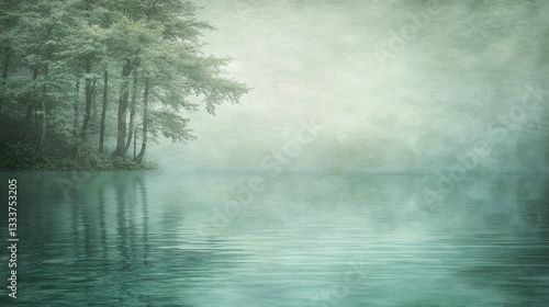 Obraz na płótnie Tranquil Misty Lake Surrounded by Lush Green Forest Landscape w salonie