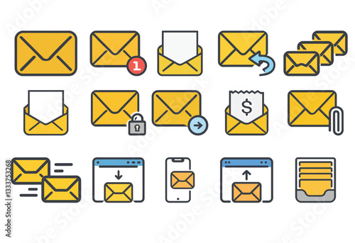 A collection of yellow envelopes with various designs and features. Some of the envelopes have a key on them, while others have a phone or a computer. Scene is one of communication and connection