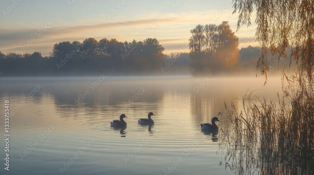 Tranquil Morning Mist over Calm Lake with Swimming Ducks