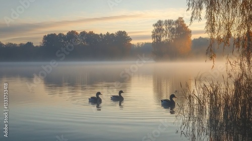 Obraz na płótnie Tranquil Morning Mist over Calm Lake with Swimming Ducks w salonie