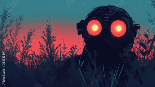 The image is a digital illustration depicting a dark silhouette of a figure with large, glowing red eyes. The figure appears to be wearing a helmet or mask.  The background features a field of dark