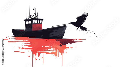 The image is a stylized illustration featuring a dark-colored fishing boat positioned on a body of water depicted with a red, textured watercolor effect resembling a blood splatter or stain. A