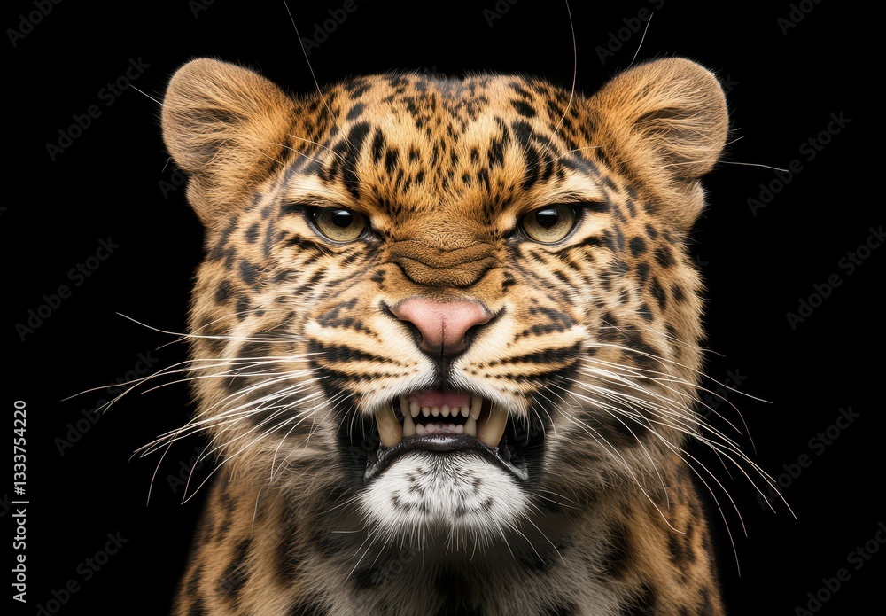Intense Close-Up of a Powerful Leopard Displaying Aggression with Fierce Eyes and Sharp Teeth Against a Solid Black Background Intense Close-Up of a Powerful Leopard Displaying Aggression with Fierce Eyes and Sharp Teeth Against a Solid Black Background