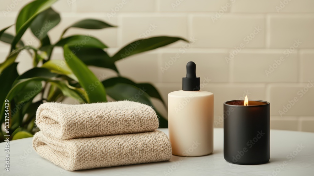 A calming arrangement featuring towels, a scented candle, and a skincare bottle, set against a backdrop of greenery. A calming arrangement featuring towels, a scented candle, and a skincare bottle, set against a backdrop of greenery.