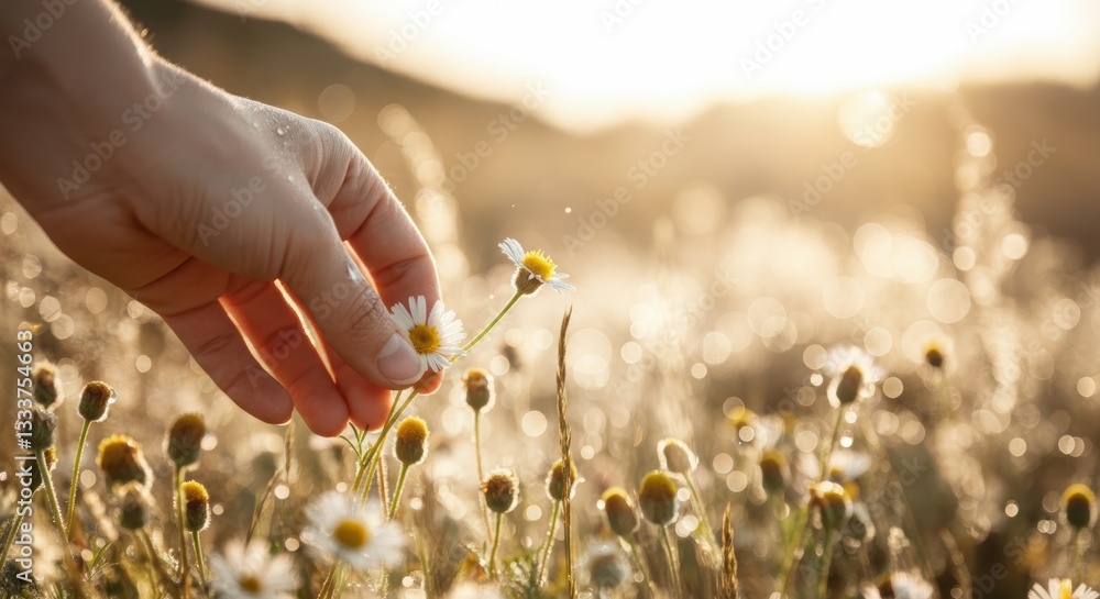Female hand picking daisies in sunlit field at sunrise Female hand picking daisies in sunlit field at sunrise