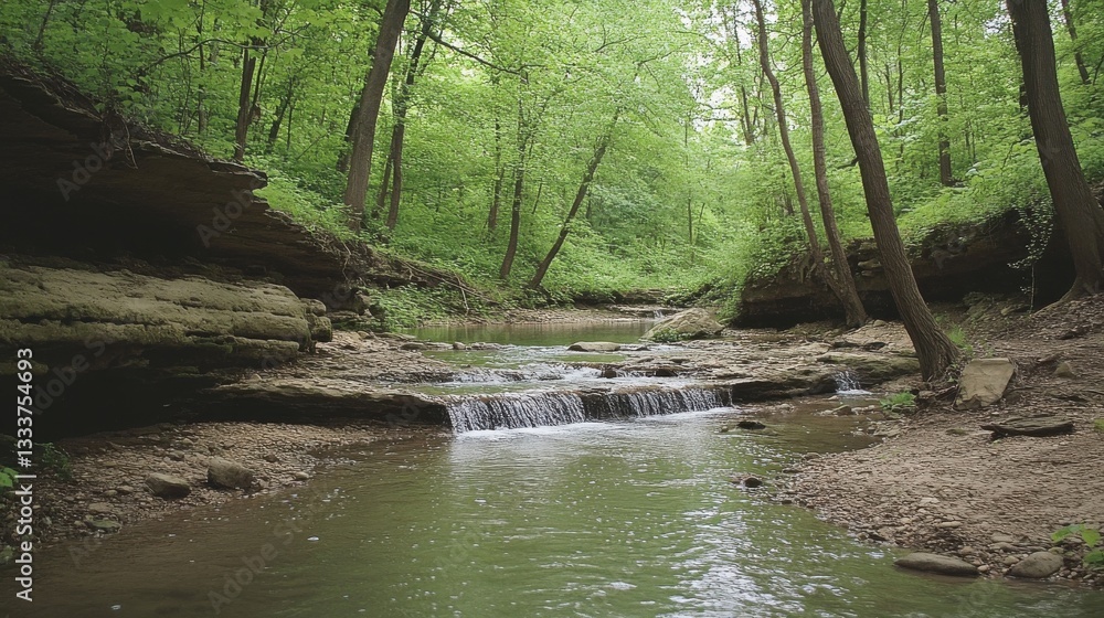 Tranquil Stream Flowing Through Lush Green Forest Landscape
