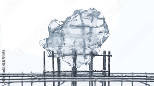 High-angle, close-up shot of a translucent, irregularly shaped ice sculpture resting on a dark metal grid against a bright white background. The ice exhibits internal fractures and variations in