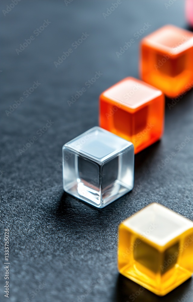 Abstract colorful transparent cubes scattered on a dark surface with dramatic lighting, symbolizing innovation. Abstract colorful transparent cubes scattered on a dark surface with dramatic lighting, symbolizing innovation.