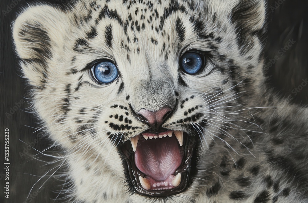 Fototapeta premium Intense Close-Up of Adorable Snow Leopard Cub with Striking Blue Eyes and Open Mouth Capturing the Wild Spirit of Nature in a Stunning Portrait