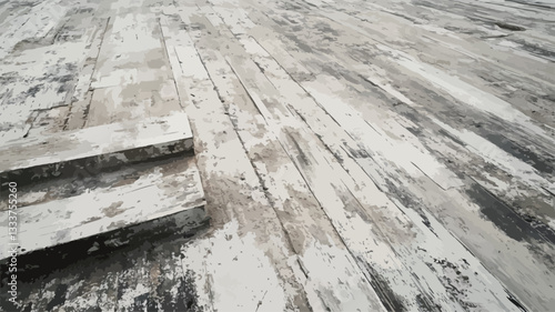 High-angle, close-up view of a surface composed of weathered, whitewashed wooden planks. The planks show significant signs of age and wear, with cracked and peeling paint revealing underlying grey