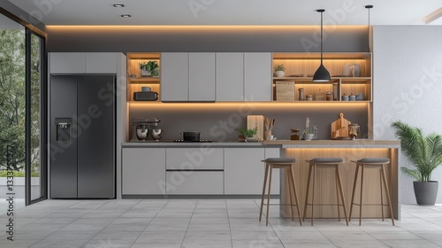 Wallpaper Mural Modern Kitchen Interior with Gray Cabinets and Wooden Accents Torontodigital.ca