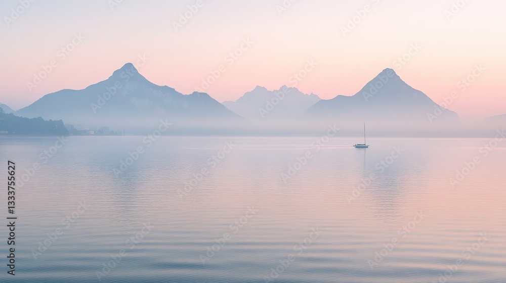 Serene Sunrise over Misty Mountains and Tranquil Lake with a Solitary Sailboat Serene Sunrise over Misty Mountains and Tranquil Lake with a Solitary Sailboat