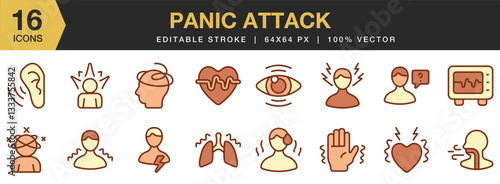 Panic Attack flat color icon set. Includes blurred vision, chest pain, feeling unreal, sweating, tremor, and More. Flat color icons vector collection.