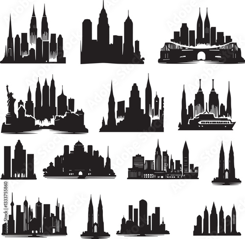 City silhouette skyline collection. Set of black city silhouette. Night town skyline icons