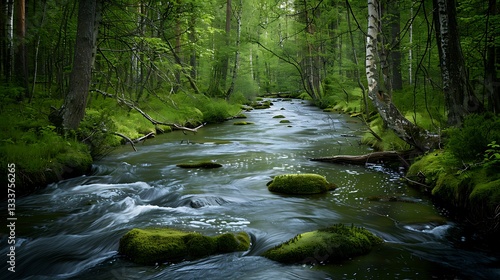 Wallpaper Mural A pristine river winding through a lush forest, with moss-covered rocks and fallen logs along the banks. Torontodigital.ca