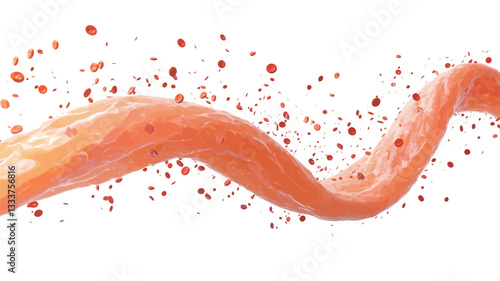 A digitally created image depicting a swirling stream of orange liquid against a pure white background. The liquid appears smooth and glossy with small, scattered droplets of the same color