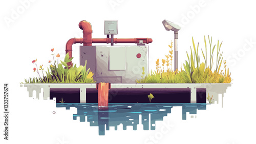 A stylized digital illustration depicting an urban water management system. The image features a simplified, almost pixel-art-like representation of a pumping station or similar structure nestled