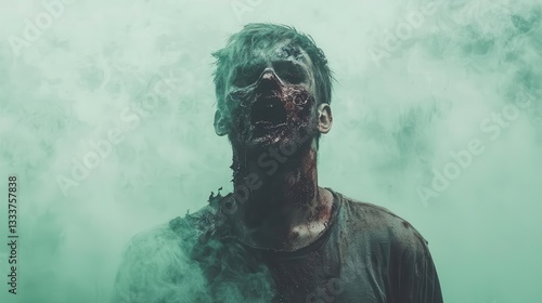 Filmmaker adjusting lighting on a green screen zombie scene, cinematic horror production