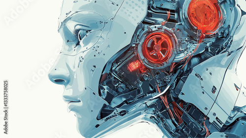 Close-up profile view of a 3D-rendered robot head. The robot's face is human-like in appearance with smooth, white skin-like material.  The internal mechanisms are partially visible, revealing
