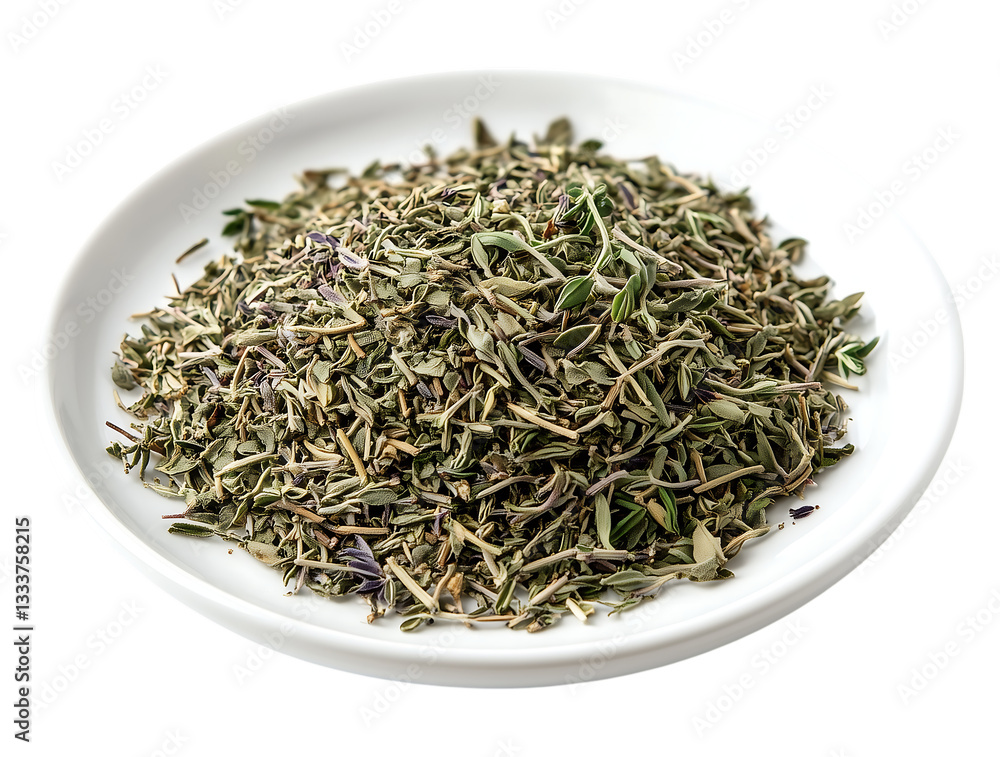 dried oregano, thyme, and rosemary sprigs combined in a layered pattern on a white ceramic plate on transparent background dried oregano, thyme, and rosemary sprigs combined in a layered pattern on a white ceramic plate on transparent background
